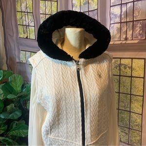 Spyder Ladies XL Knit Hoodie Core Sweater White Pockets Faux Fur Breathtaking